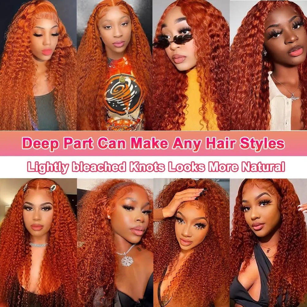 30 inch Ginger Orange Water Wave Lace Front Wigs Human Hair Colored 13x4 HD Transparent Lace Frontal Wig For Women 180% Density