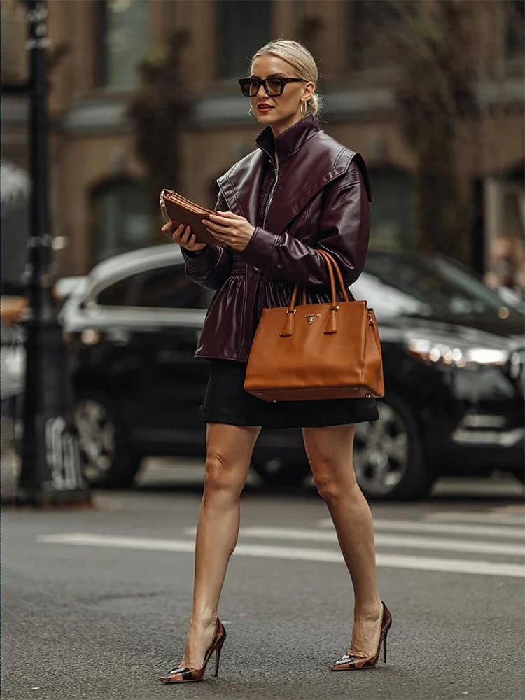 Women PU Leather Solid Jacket Coat Full Sleeve Stand Collar Female Slim Jacket 2025 Autumn Winter Vintage 2 In 1 Lady Outwear