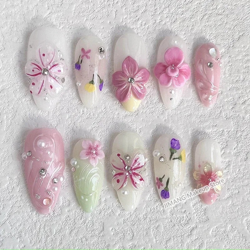 Handmade 3D Flower Press On Nails Reusable Short  Almond False Nails Artificial Fake Nail With Glue Gift Full Cover Nail Tips