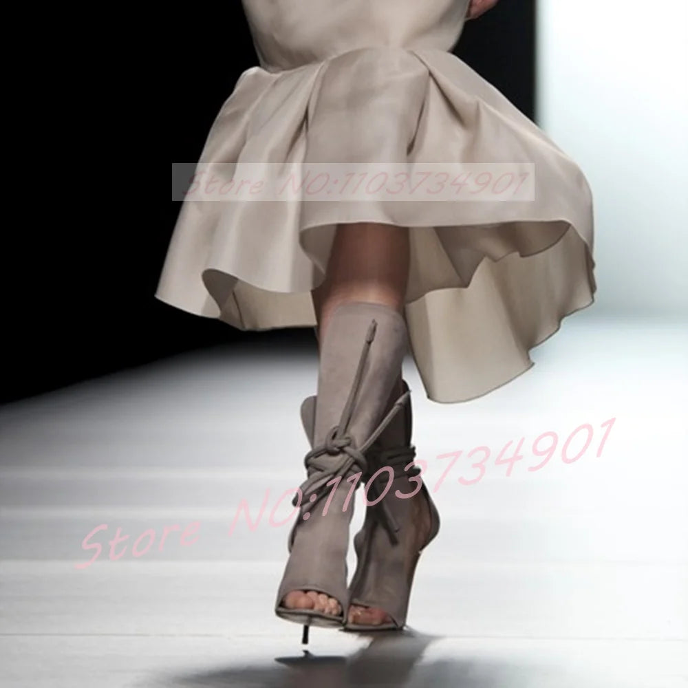 Ankle-Wrap Lace-up Sandals Women Rome Style Pointy Toe Grey Flock High Heels Shoes Ladies Sexy Party Open Toe Stiletto Sandals