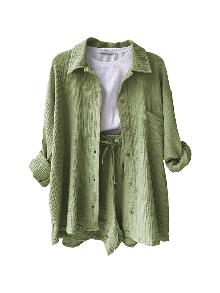 Summer Women's Suit Short Sets Outfits Muslin Suit For Women 2025 Two Piece Female Clothing Solid Button Outfits