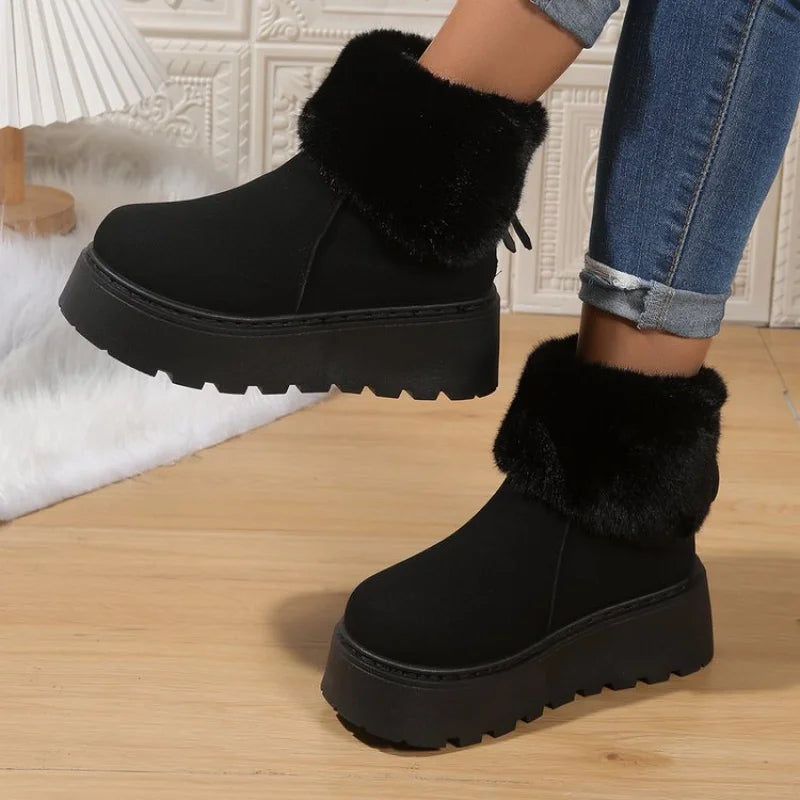 High Heel(5-8cm)Suede Boots Slip-On Snow Boots Winter Rubber Round Toe Mid-Calf Faux Short Plush