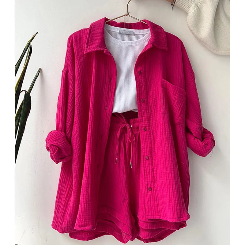 Summer Women's Suit Short Sets Outfits Muslin Suit For Women 2025 Two Piece Female Clothing Solid Button Outfits