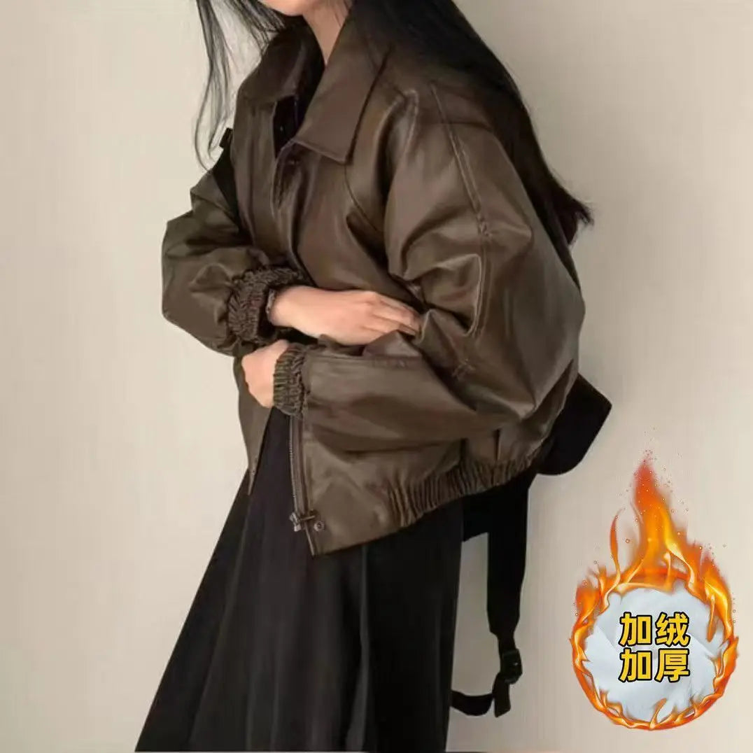 Oversized PU Leather Biker Jacket with Fur Collar