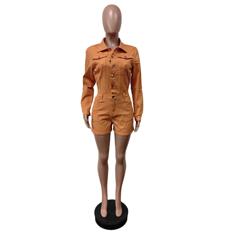 Streetwear Jeans Stretch Playsuit Sexy Women Turn Down Collar Elegant Denim Club Romper Overalls