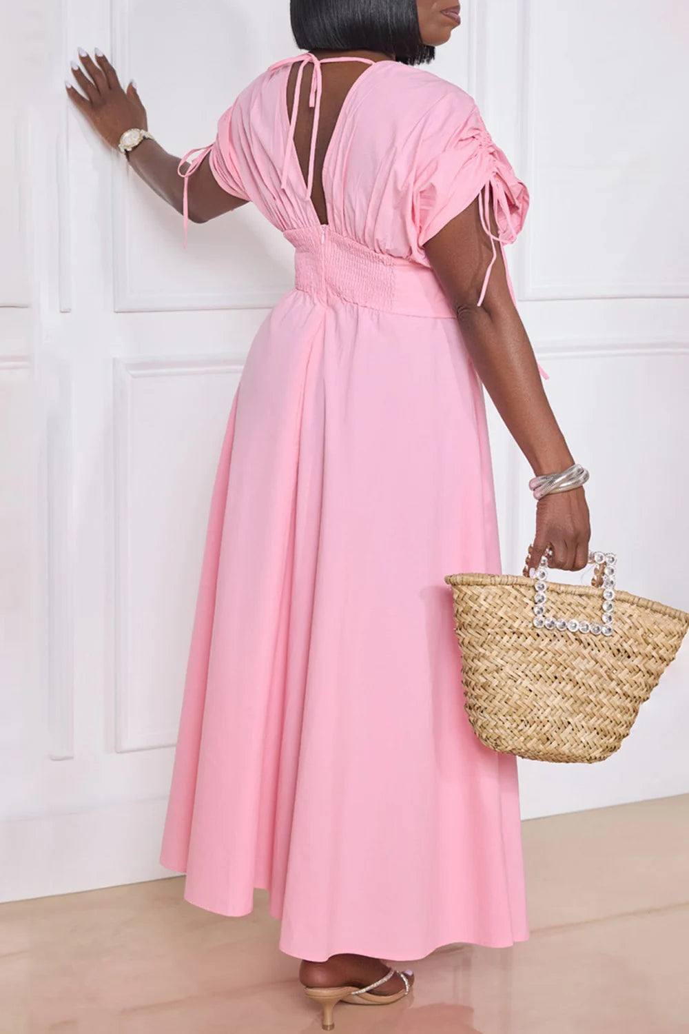 Plus Size Daily Pink Sundress V Neck 3D Floral Ruched Maxi Dresses