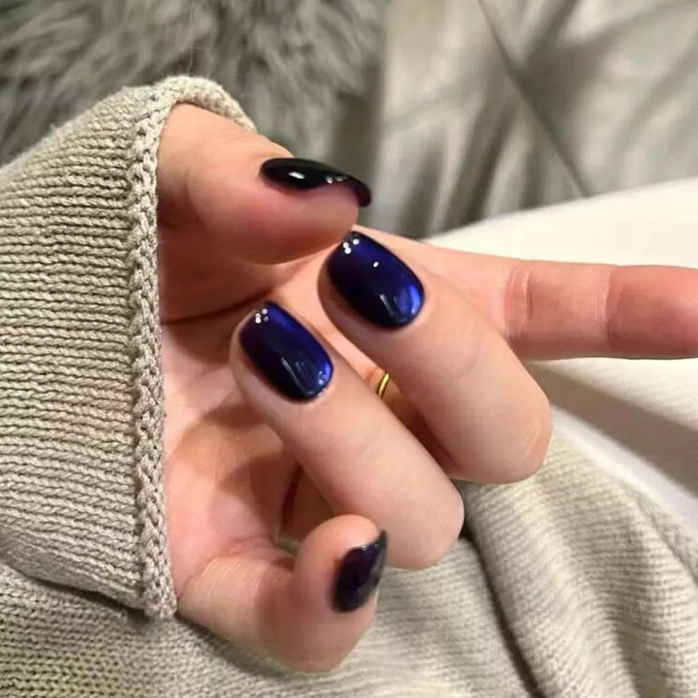 30Pcs Blue Cat eye Wearable Press on Nails Short Square Full Cover False Nails Artificial Ballet Reusable Fake Nails for Women