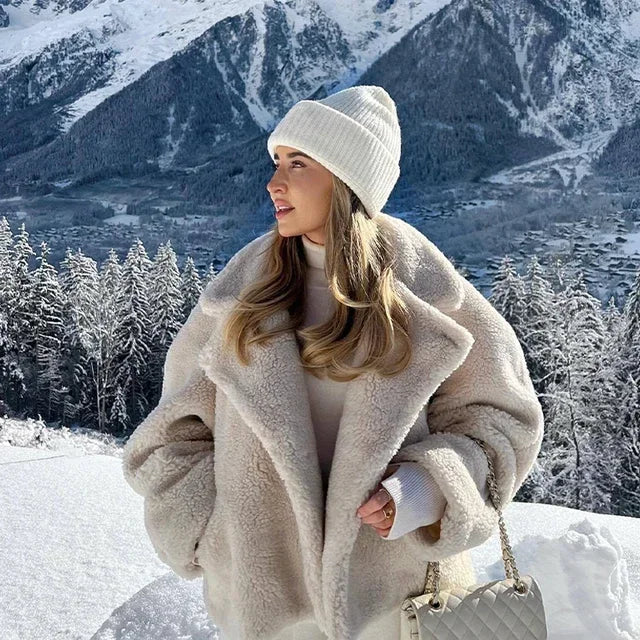 Warm Lambswool Furry Coat Women Turndown Collar Long Sleeve Loose Pockets Female Jacket 2025 Autumn Winter Fashion Lady Overcoat