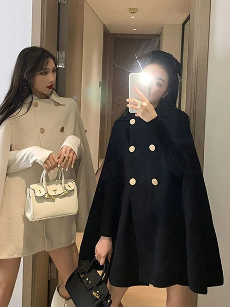 Double Breasted Women Cape Coat Faux Woolen Loose Solid Female Overcoat 2024 Fashion Spring Poncho Elegant Lapel Lady Jacket