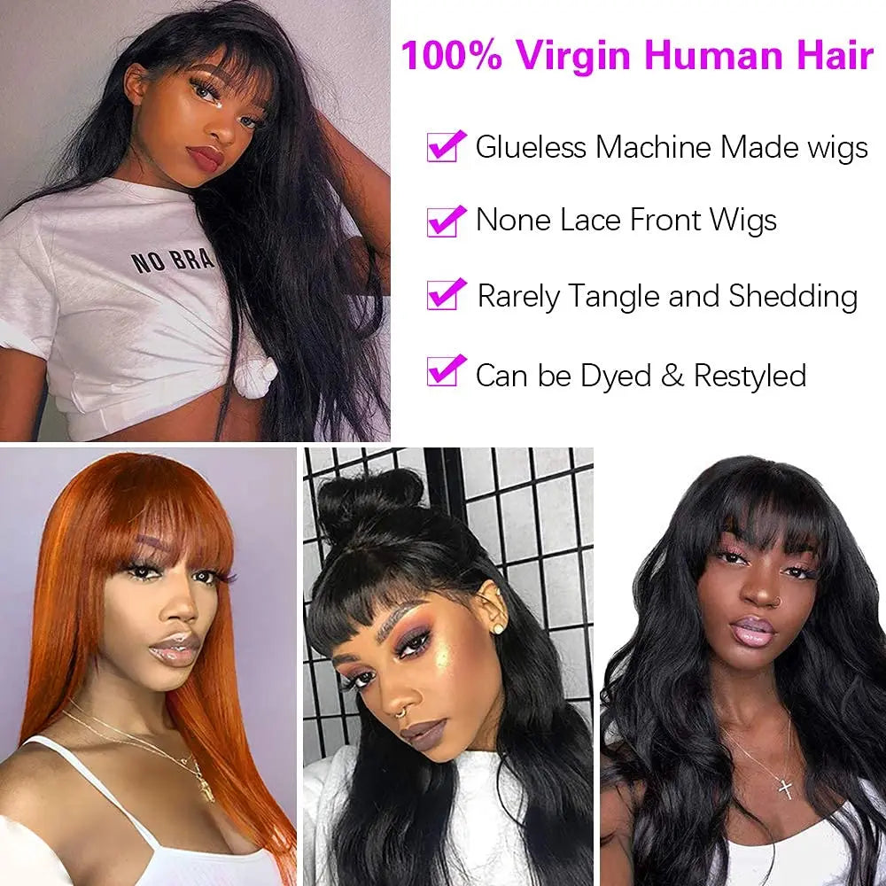 100% Human Hair Wig With Bangs Short  Human Hair Wigs For Brazilian Straight Black Long Fringe Wig full machine made wig