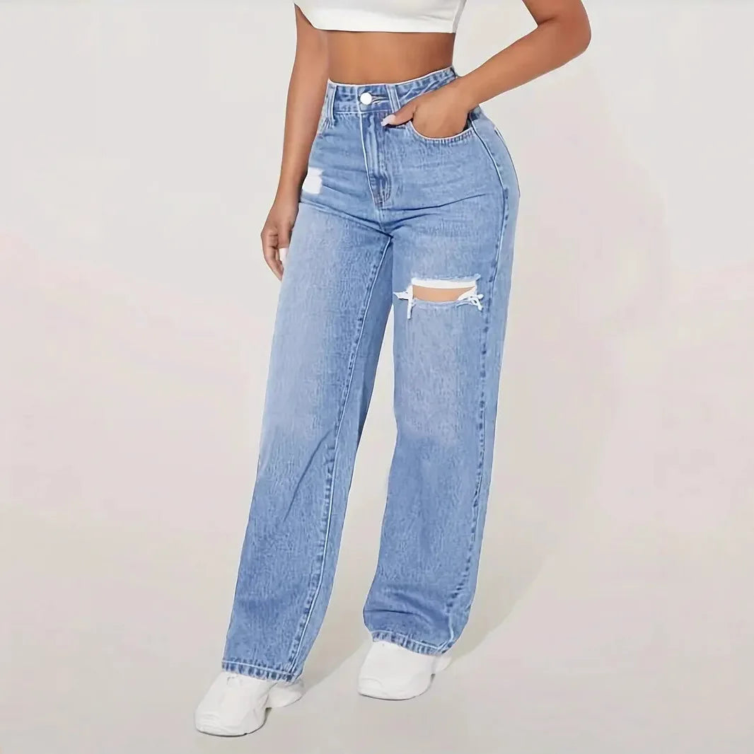 High-Waist Wide-Leg Washed Jeans – Ripped Casual Floor-Length Style