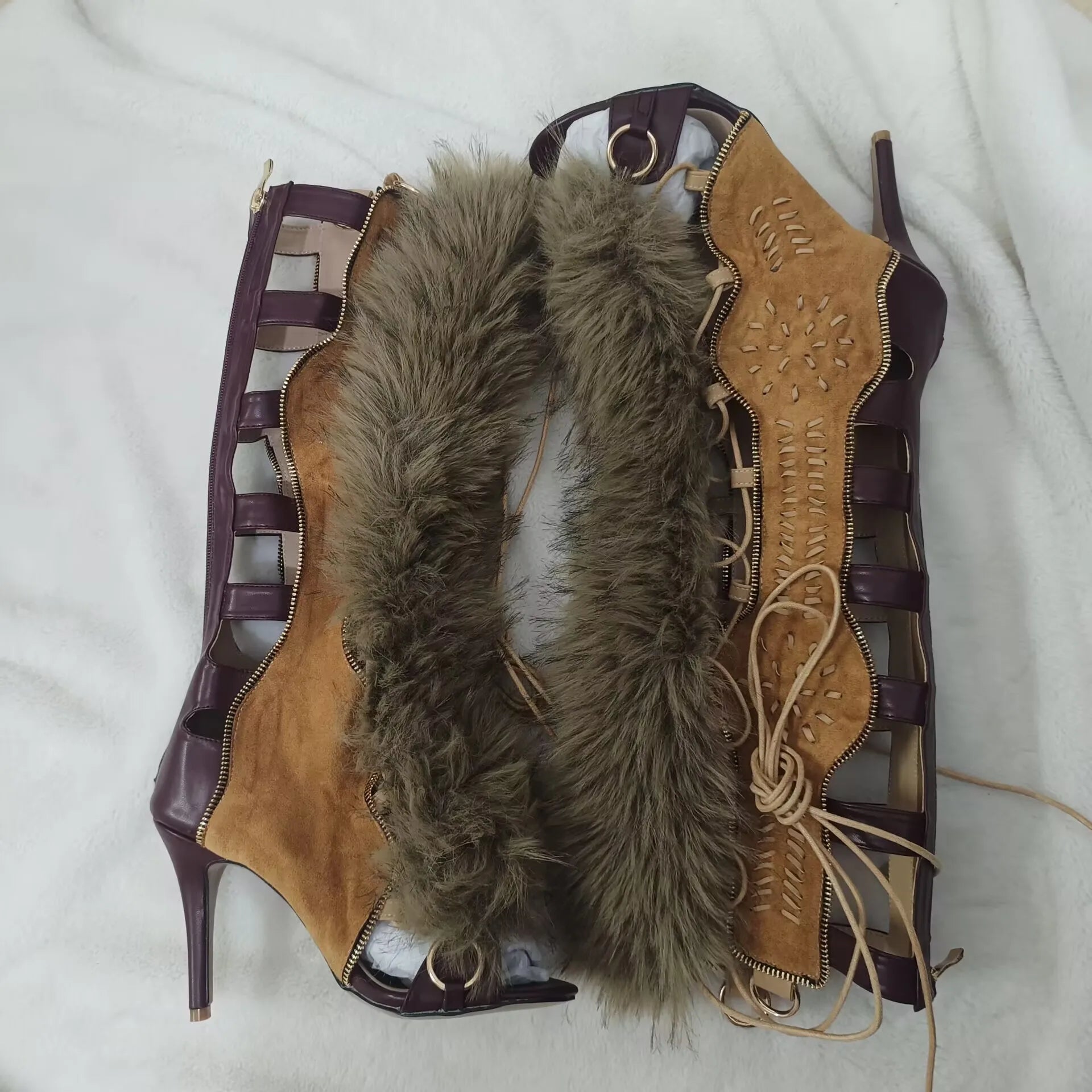 2025 Furry Belt Buckle Ankle Boots Women Sweet Fashion Boots Lace Up High Heeled Shoes Ladies Nifty Party Big Size Boots 44