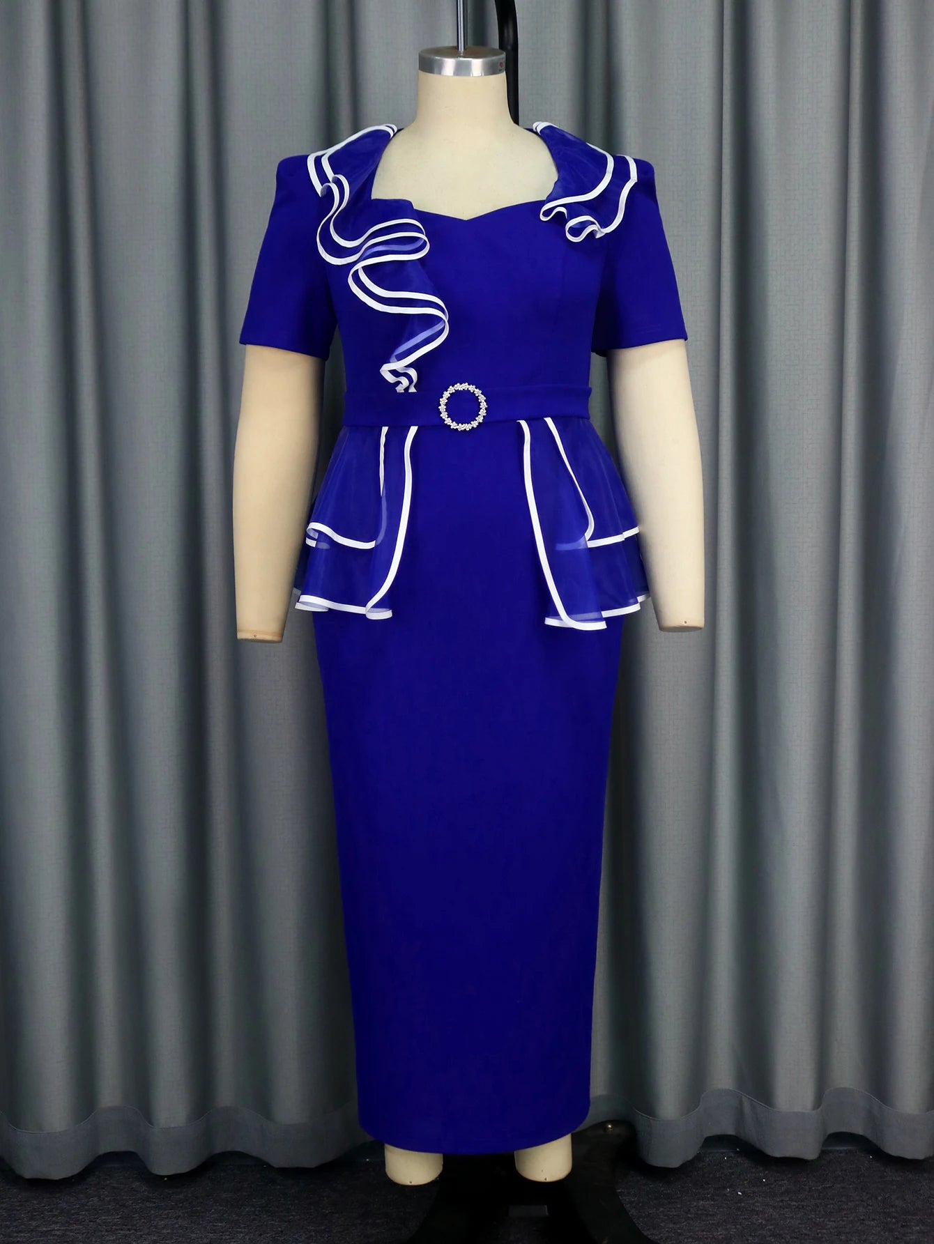 Ruffle Trim Peplum Plus Size Dress for Women with Belted Waist Perfect for Church Weddings Banquets and Formal Special Occasions