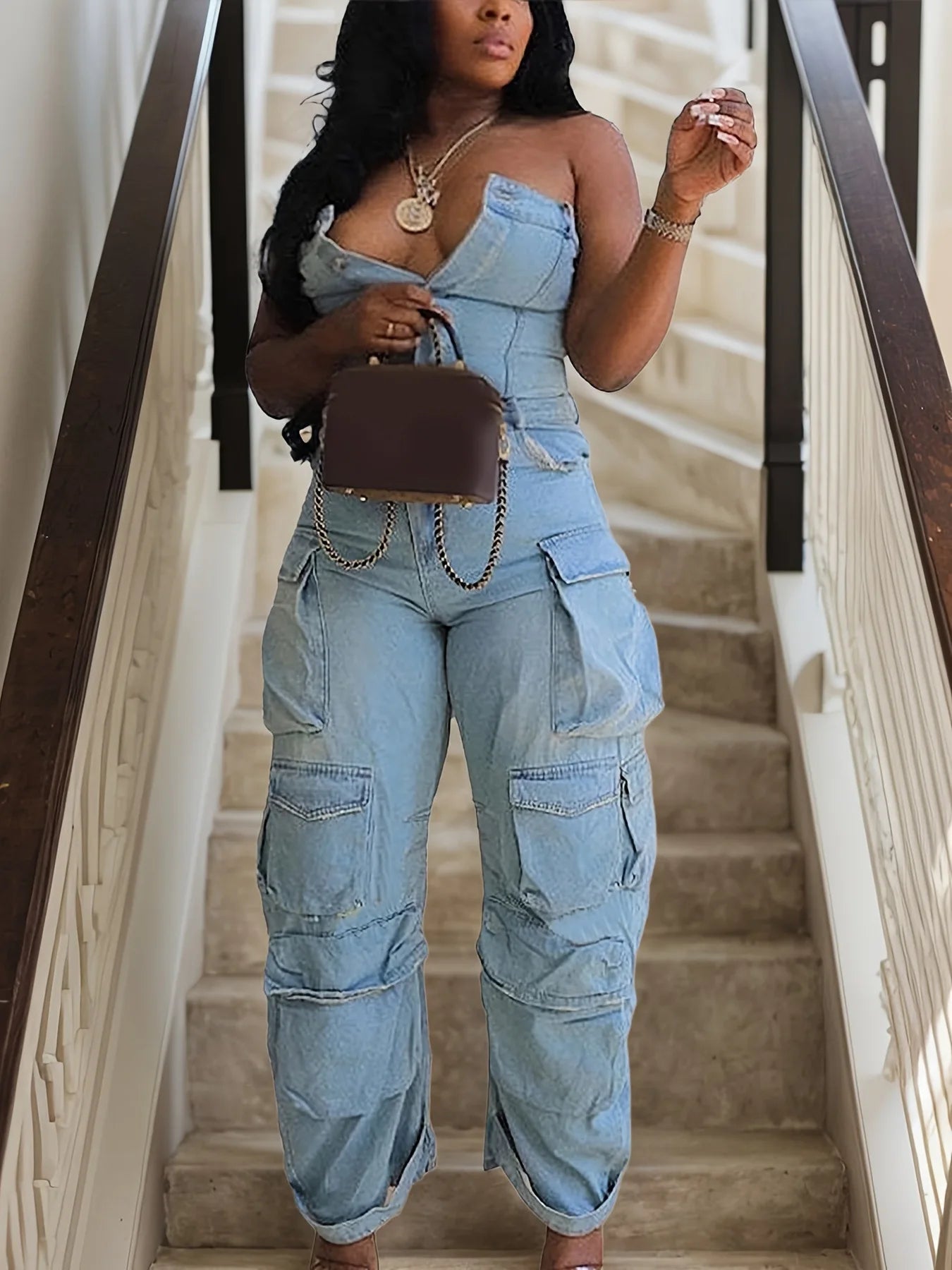Cross-Denim Casual Jumpsuit