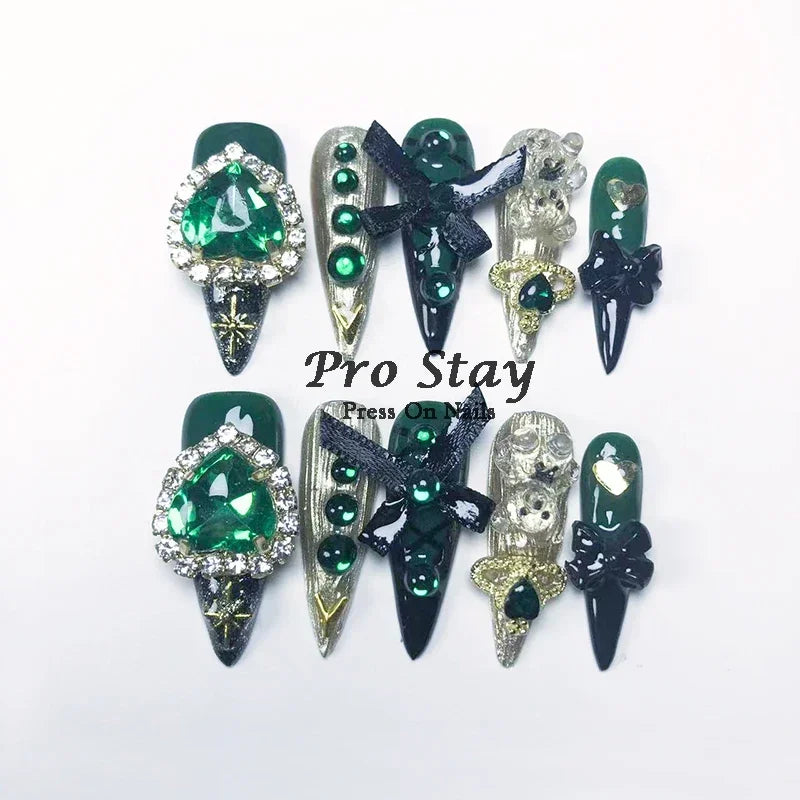 10pcs black Handmade Press On Nails With Purple Large Diamonds and Metal Decoration Y2k Hot Girls Wearable Artificial False Nail