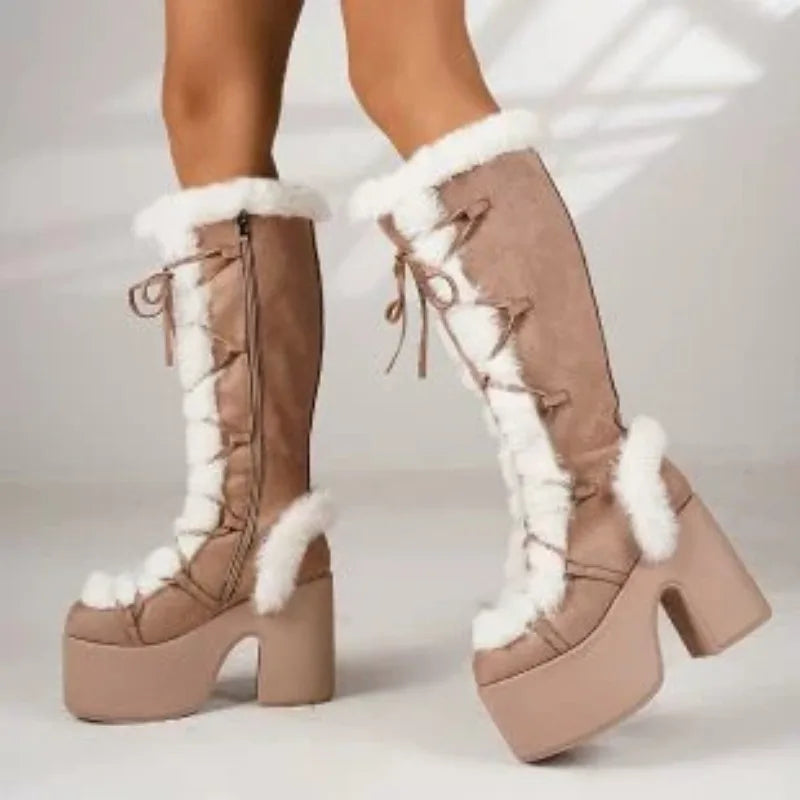 New Winter Women's Snow Boots Platform Wedge High Heel Faux Fur Womens Boots Plush Warm Non-slip Platform Boots Botas Para Mujer