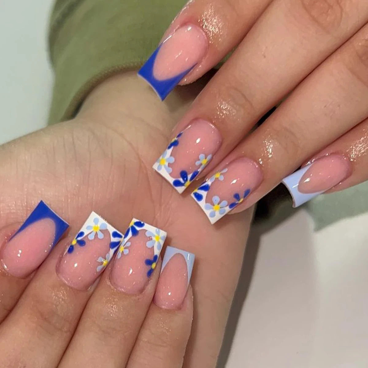24pcs Set Of Medium Square Press-On Nails - Blue & White French Tip With Cute Floral Design, Glossy Finish - Perfect For Hands