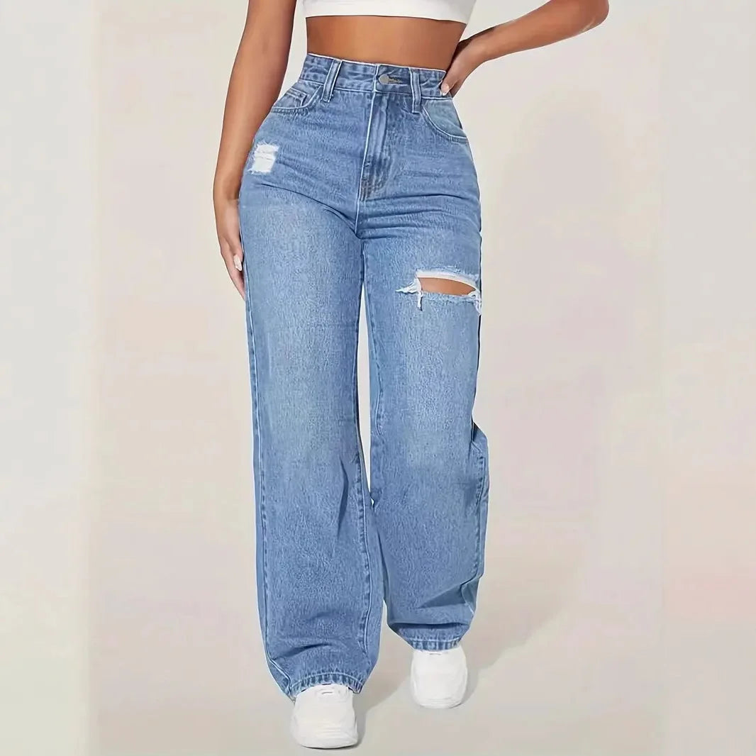 High-Waist Wide-Leg Washed Jeans – Ripped Casual Floor-Length Style