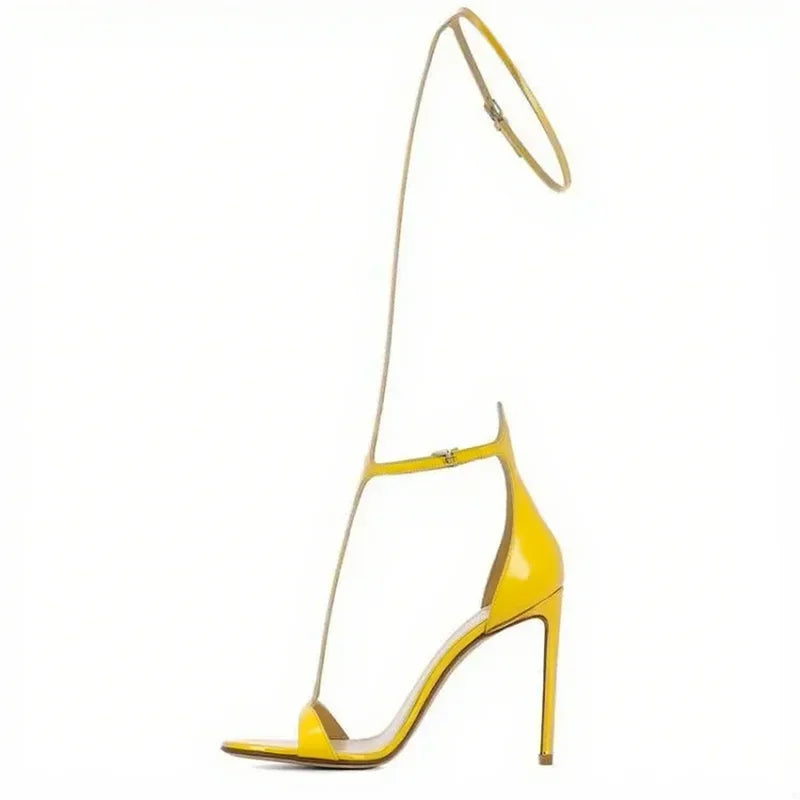 Black T- Strap Cover Heel Sandals Sexy Pointed Toe Matten Leather Ankle Buckle Strap New Arrivals Fashion Women Shoes