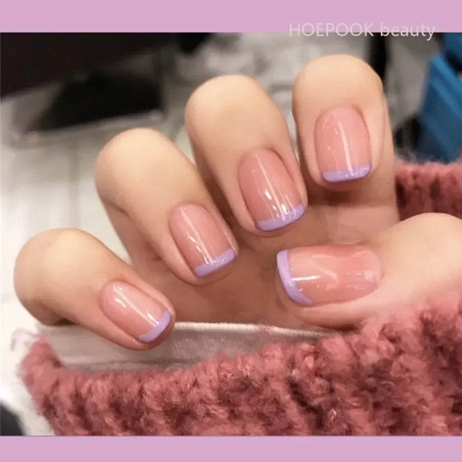 24pcs French Lemon Full Cover Artificial Fake Nails Art Seamless Removable Coffin False Nails With Glue Girls Press On Nail Tips