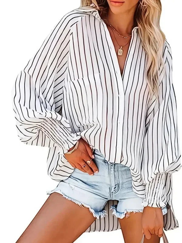 Plus Size Striped V-Neck Button-Down Blouse