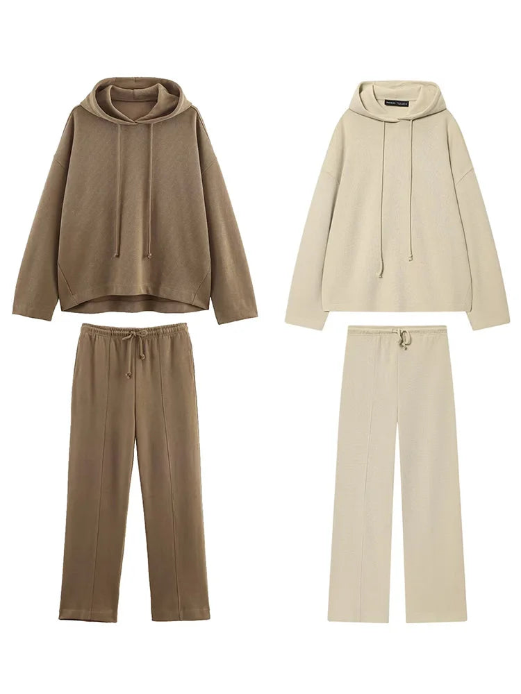 HH Women Pants Suit Autumn Hooded Long Sleeves Casual Loose Hoodie Top+High Waist Drawstr Solid Trousers Fashion 2 Piece Set