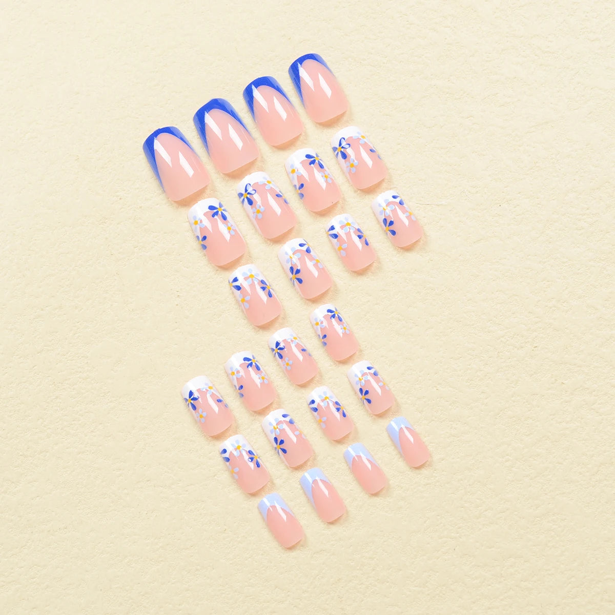 24pcs Set Of Medium Square Press-On Nails - Blue & White French Tip With Cute Floral Design, Glossy Finish - Perfect For Hands