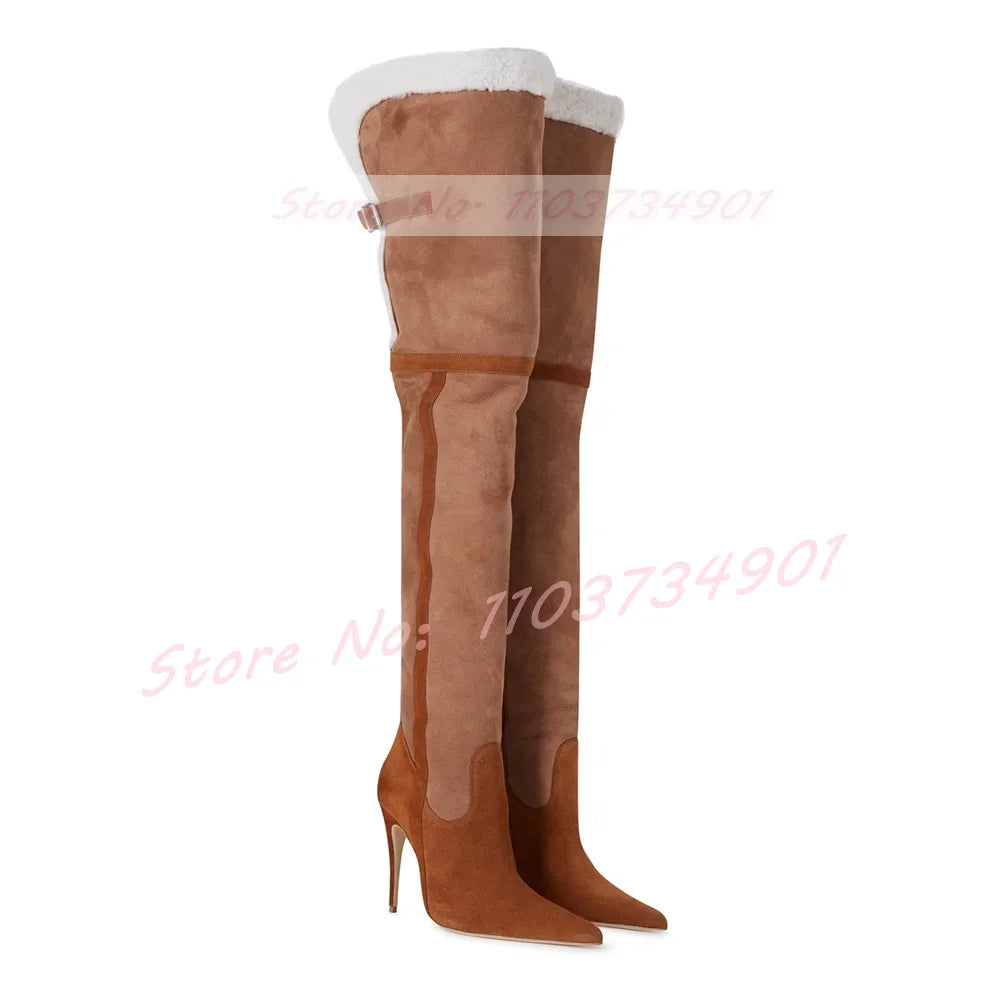 Fur Mix Colors Warm Thigh High Boots Women Nifty Pointy Toe Stiletto High Heels Slim Stretch Boots Ladies Fashion Brown Shoes