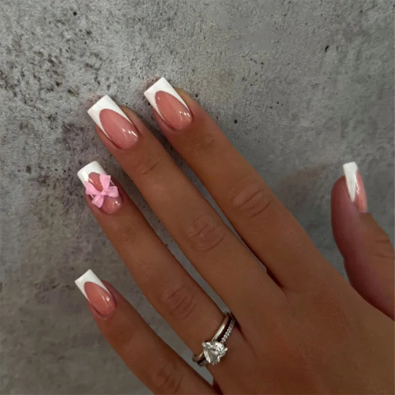 White French Press on Nails 3D Bowknot Fake Nails Tips Full Cover Wearable False Nails for Women and Girls DIY Manicure 24Pcs