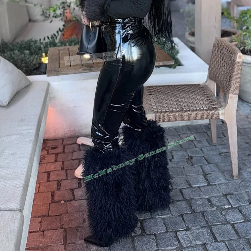 Fur Warm Knee High Boots Pointy Toe Stiletto Heels Solid Boots Women Sexy Shoes Winter Party Designer New Style Shoes Slip On