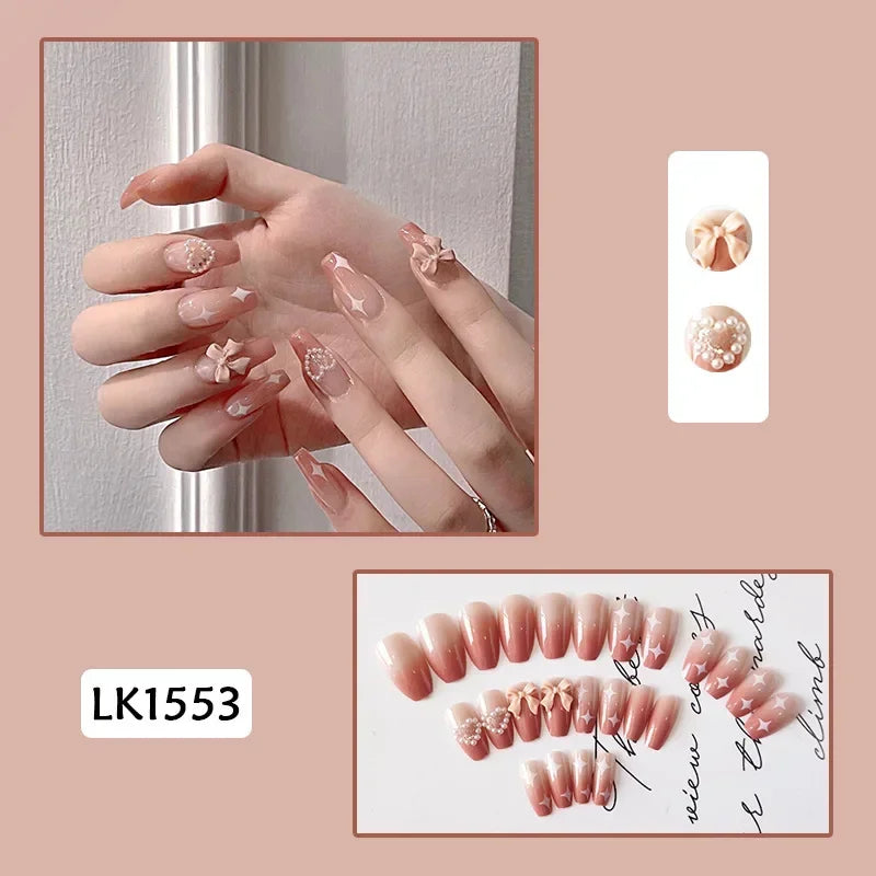 Pink Fake Nails Press on Nail Designs Art Long Tips False Forms with Glue Stick Stickers Reusable Set Acrylic Artificial