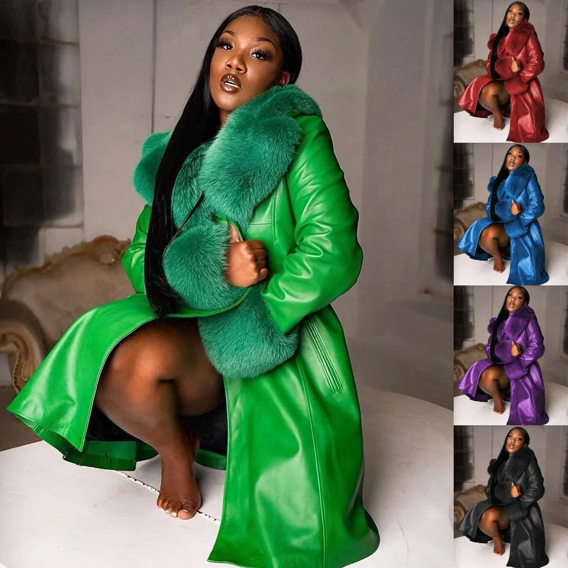 Women Coat Fashion Casual Solid Color Long Sleeve Pu Leather Fur Turn Down Collar Zipper Warm Autumn Winter