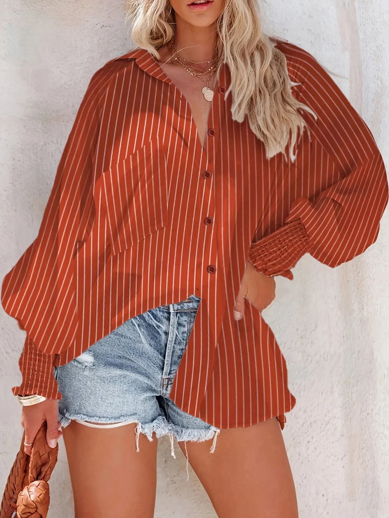 Plus Size Striped V-Neck Button-Down Blouse