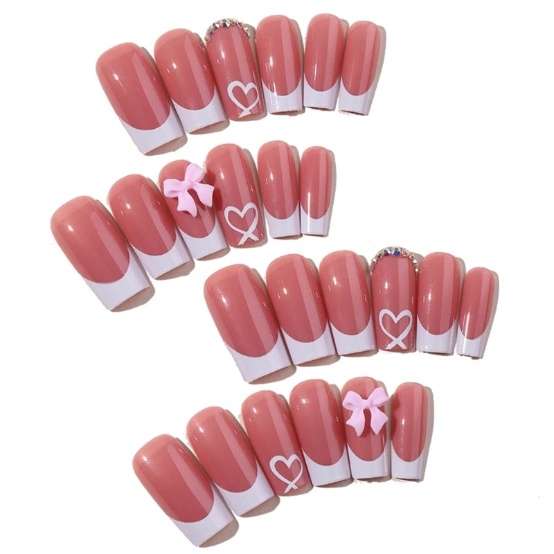 Chic Bows Tie Adorned Press On Nails Medium Long False Nails Full Cover Glossy Nude Square Acrylic False Nails Drop Shipping