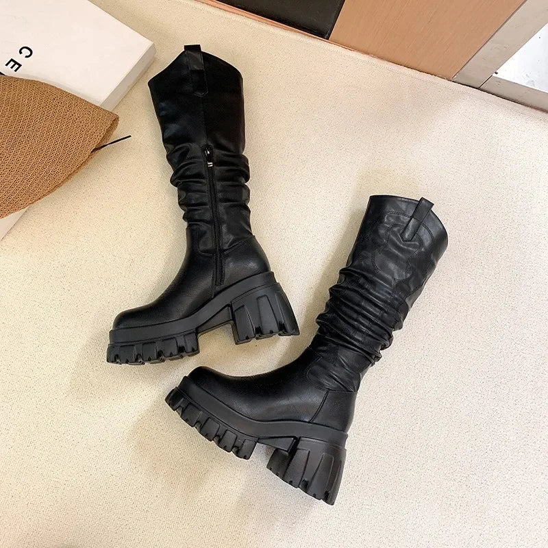 Big Round Toe Thick Heel Embroidered Pleated Knee High Boots Women Retro Autumn Winter Stacked Knight Boots Western Cowboy Boots