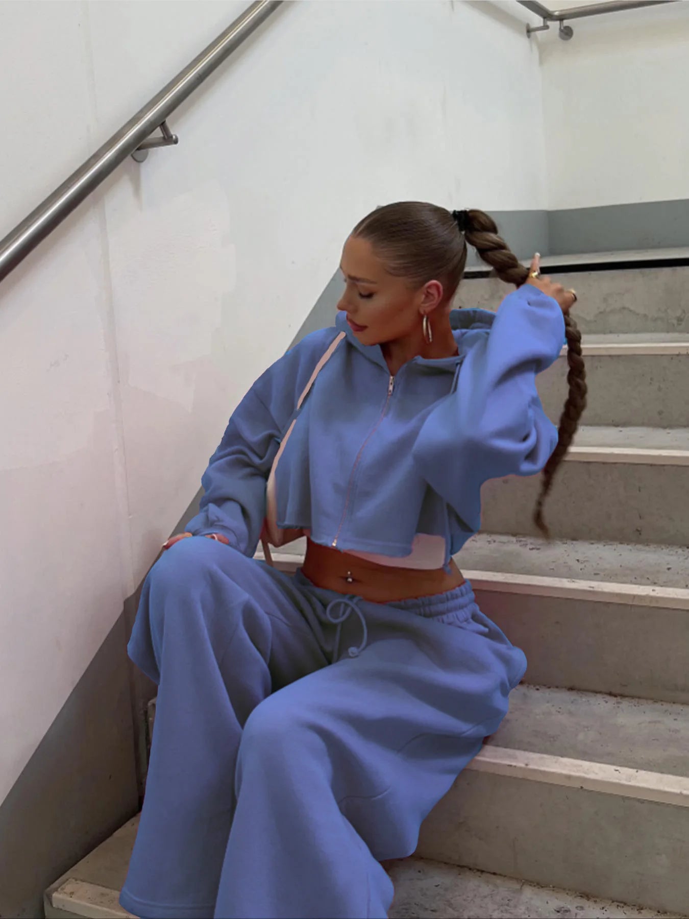 Women Hooded Zip-up Cropped Sweatshirt and Long Pants 2 Piece Sets 2025 Autumn Casual Hoodies Sweatpants Suit Tracksuits