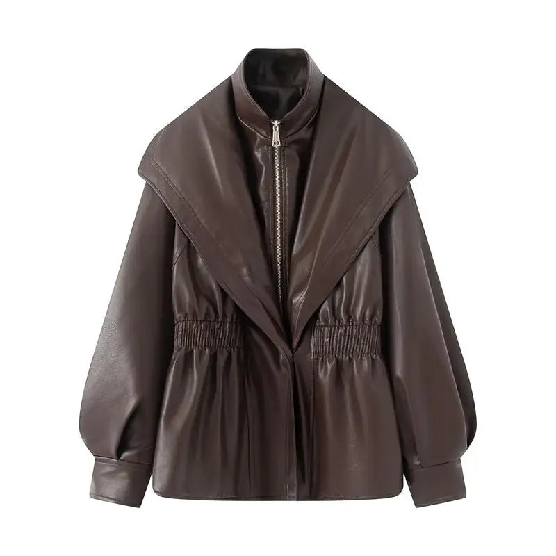 Women PU Leather Solid Jacket Coat Full Sleeve Stand Collar Female Slim Jacket 2025 Autumn Winter Vintage 2 In 1 Lady Outwear