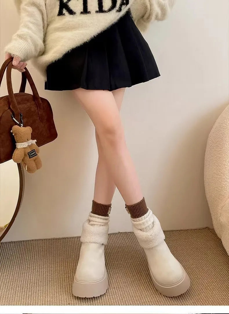 fashion new versatile fur thick soled short boots snow boots for women with added velvet and thick sponge bottom cotton shoes