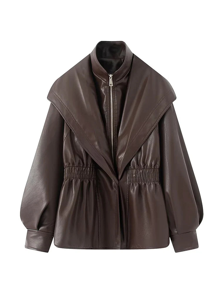 Women PU Leather Solid Jacket Coat Full Sleeve Stand Collar Female Slim Jacket 2025 Autumn Winter Vintage 2 In 1 Lady Outwear