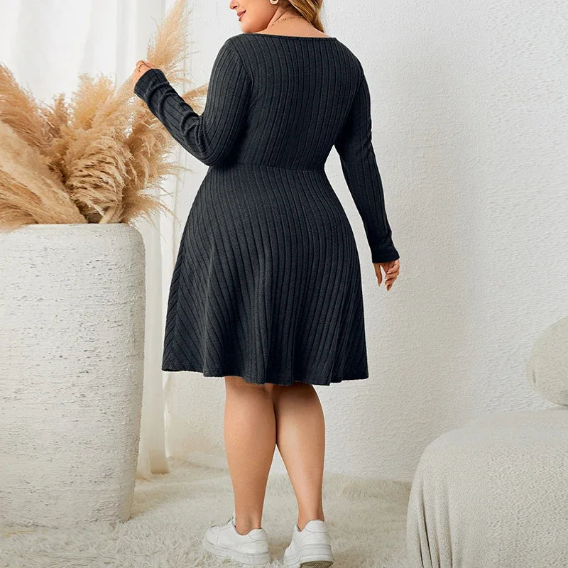 Women Plus Size Dress Fashion Solid Know Lace Up Knitted Sweater Dress Women Casual Solid Party Dress Green Black Gray
