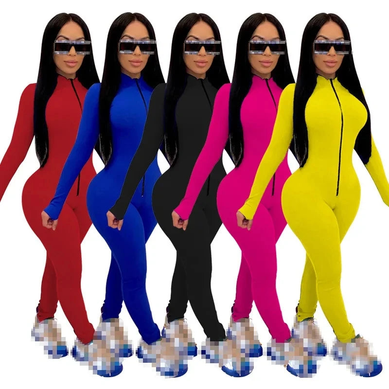 Deep V Zip-Up Bodycon Jumpsuit