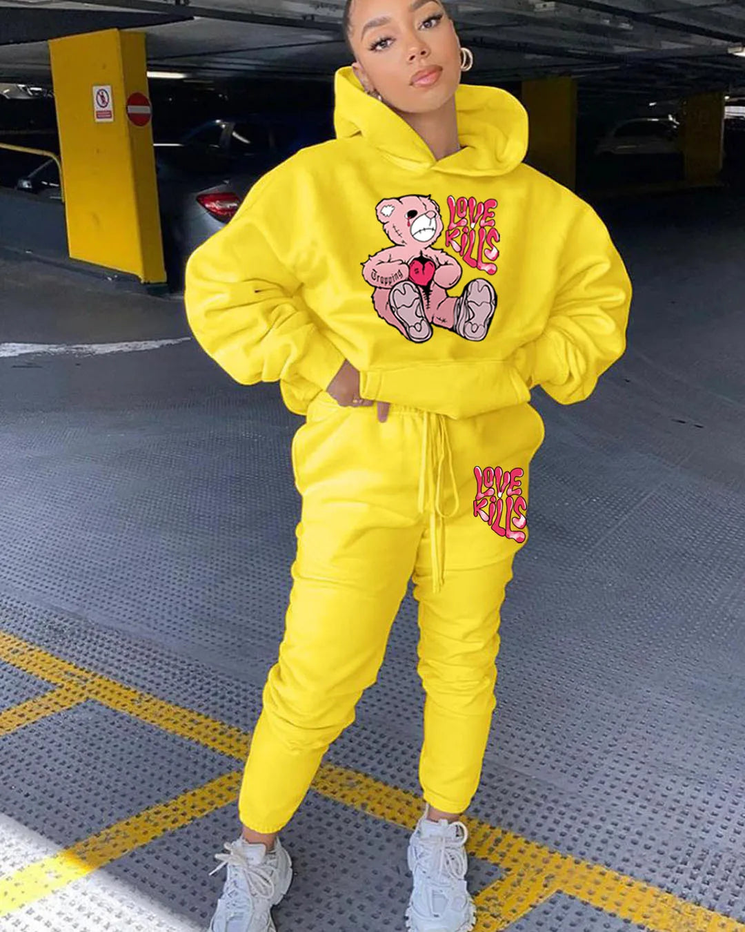 Women's Hoodies Sets Pants Suit 2 Piece Outfits 2025 New Letter Print Bear Aesthetics Sweatshirt and Sweatpants Womens Tracksuit