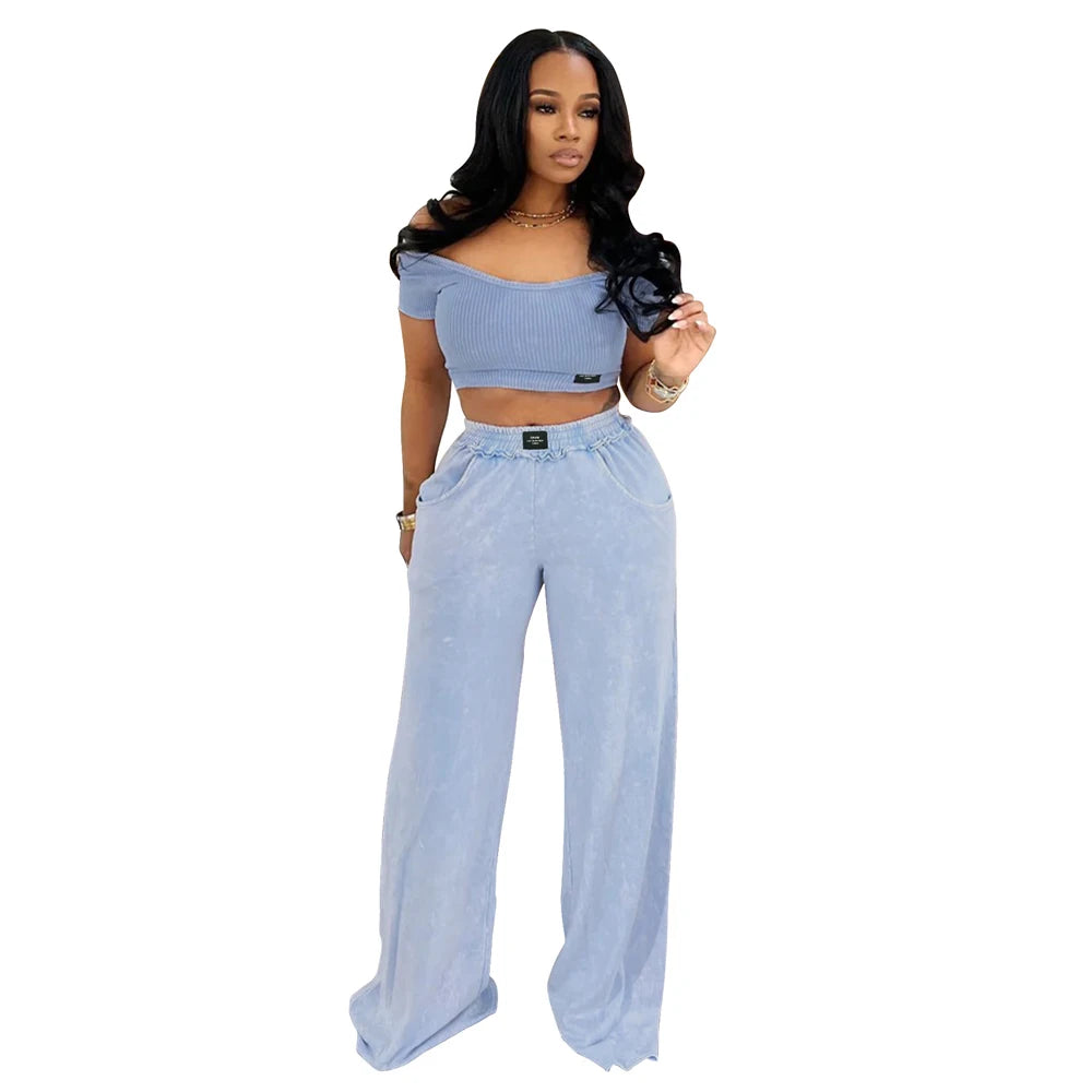 Fashion Women Clothing Distressed Tracksuits Casual Sexy U Neck Crop Top and Wide Leg Pants Suits Ladies Elegant 2 Two Piece Set