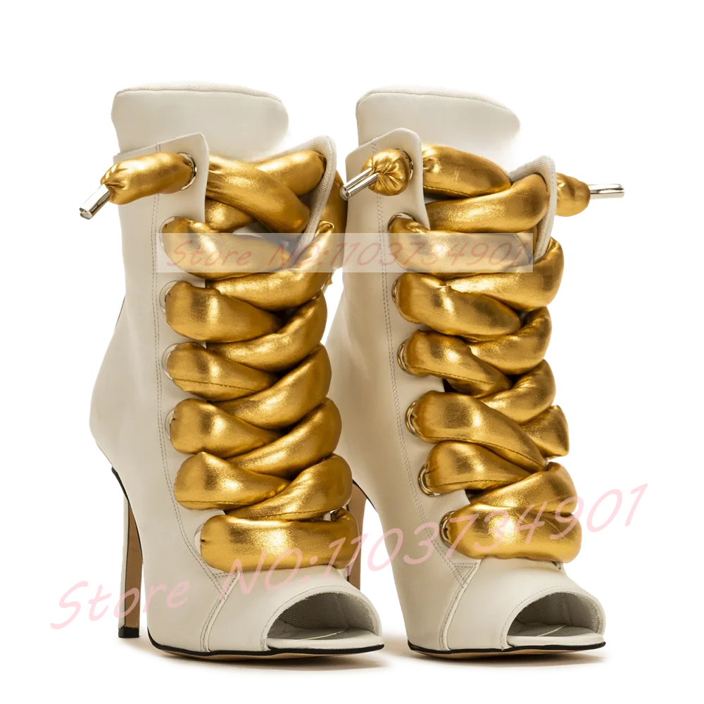 Gold Bold Rope Lace-up Peep Toe Ankle Boots Women High Heels Mixed Colors Boots Ladies Fashion Party & Nightclub Footwear
