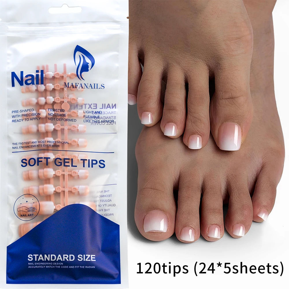 120Pcs Glossy Nude Pink French Press-On-Toenail Set 1*Box Short French Square  Fake Toe Nails Solid-Color Manicure Toenails Tips