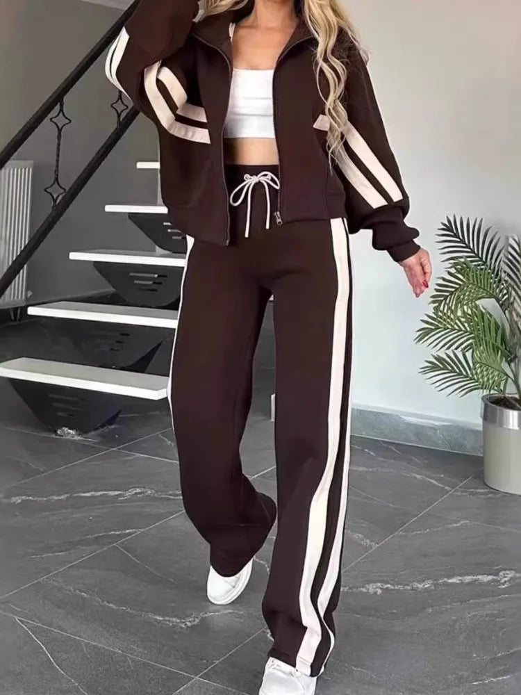 Fashion Striped Hoodie Set For Women Casual Long Sleeve Zip Tops+High Waist Wide Leg Pants 2 Piece Sets Lady Y2k Sports Clothes