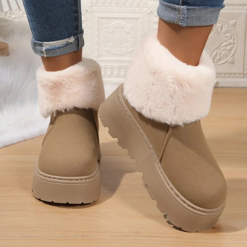 High Heel(5-8cm)Suede Boots Slip-On Snow Boots Winter Rubber Round Toe Mid-Calf Faux Short Plush