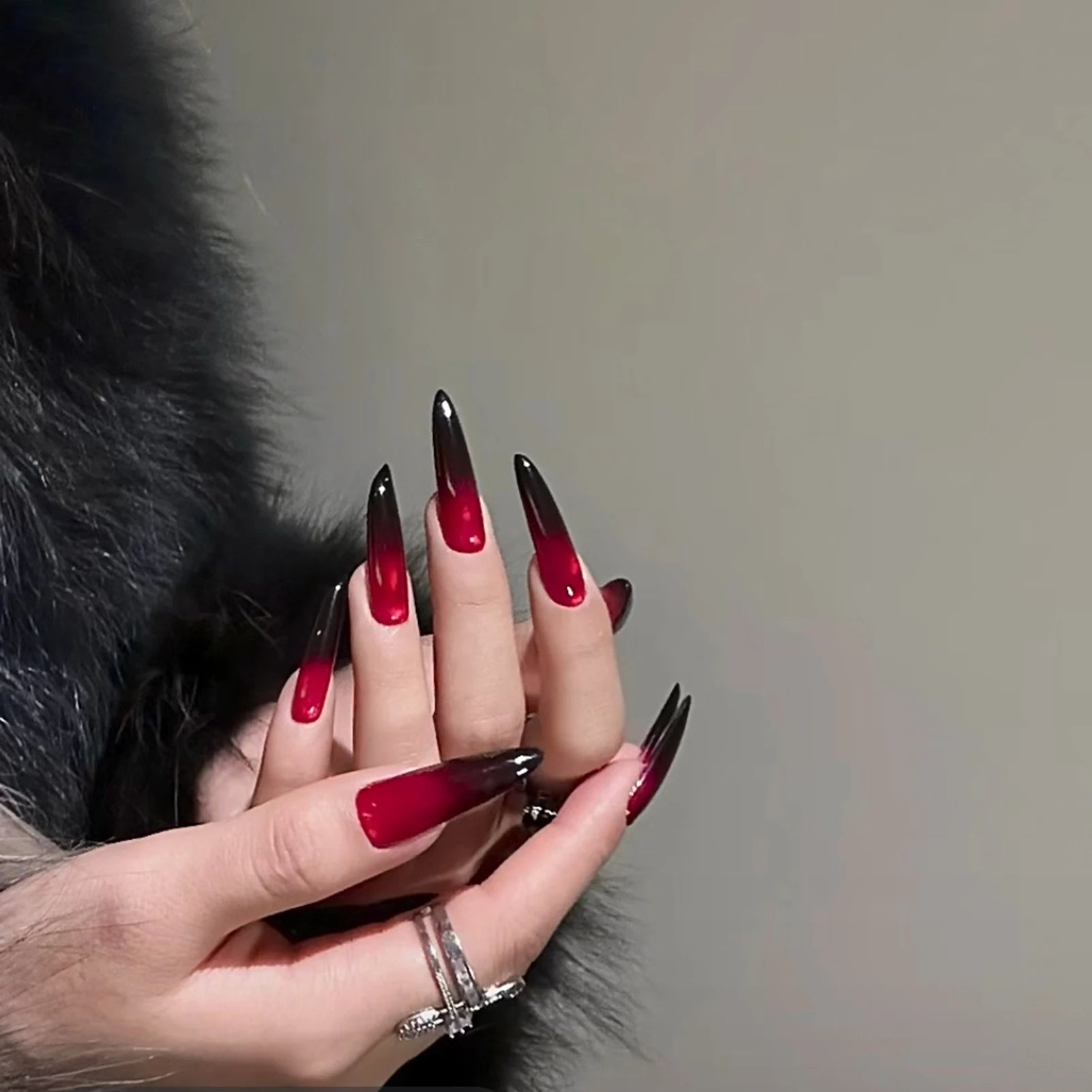 24pcs Press On Black Pointed Tips Cool Long Fake Nails Reusable Adhesive False Nails Solid Color Simple Style Artificial Nails