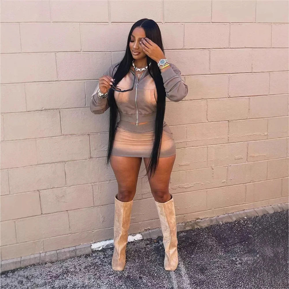 Fashion Washed Hoodie Set Women Outfit Casual Pocket Long Sleeve Zip up Crop Top Mini Skirt Suit Streetwear Fall 2 Piece Sets