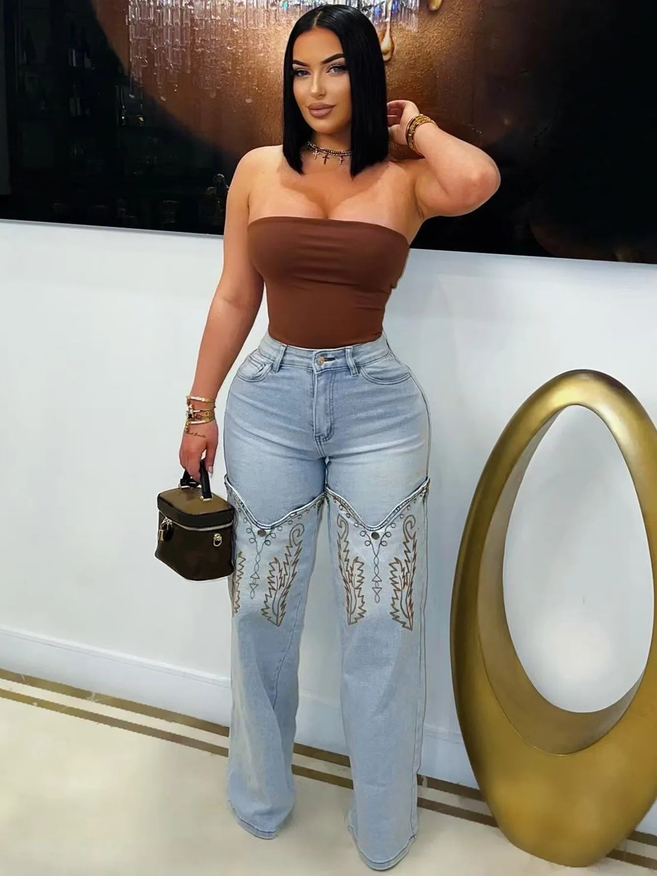 CM.YAYA Women Denim Pants Retro Wide Leg Embroidery Jeans Straight Trousers 2025 Fashion Summer Street Lady Pants Trousers